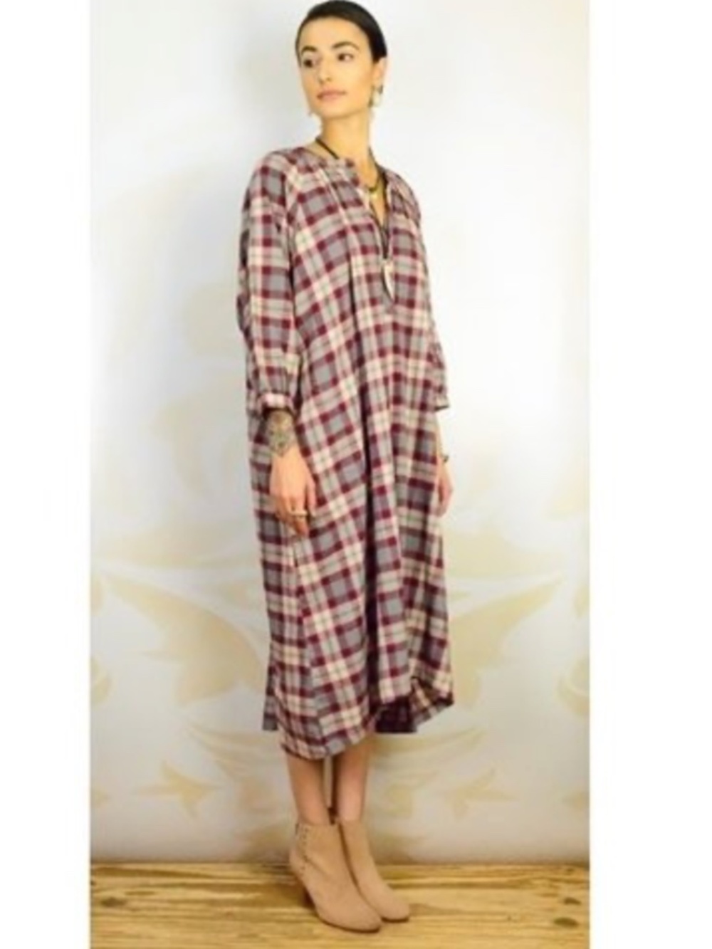 The GREAT 3/4 Sleeve Plaid Flannel Midi Dress EUC/sz XS (generous)